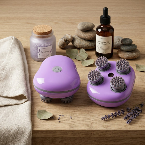 4-Head Cordless Electric Massager with lavender essentials and stones on a wooden surface.