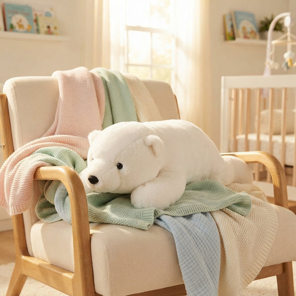 Polar Bear Plush Toy resting on a cozy chair with colorful blankets, perfect for children and as a cuddly companion.
