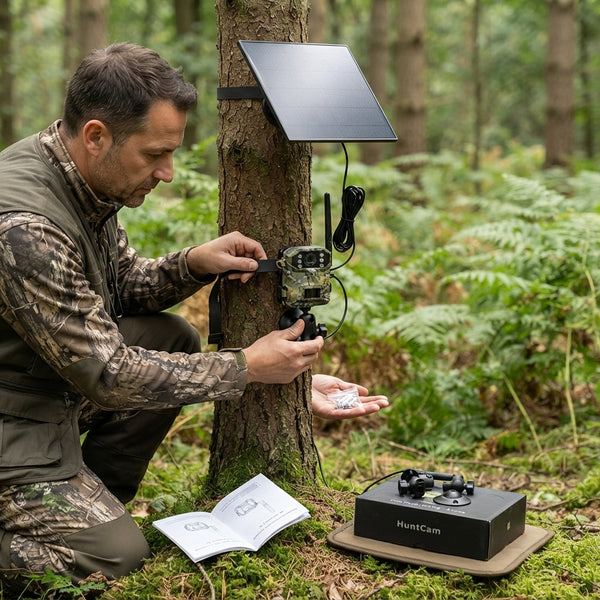 A person setting up a 4G Solar-Powered Outdoor Trail Camera with a solar panel in a forested area.