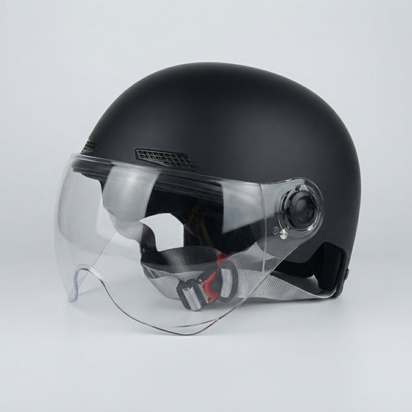 Open-Face Helmet with Clear Visor showcasing a sleek design and transparent visor for enhanced visibility.