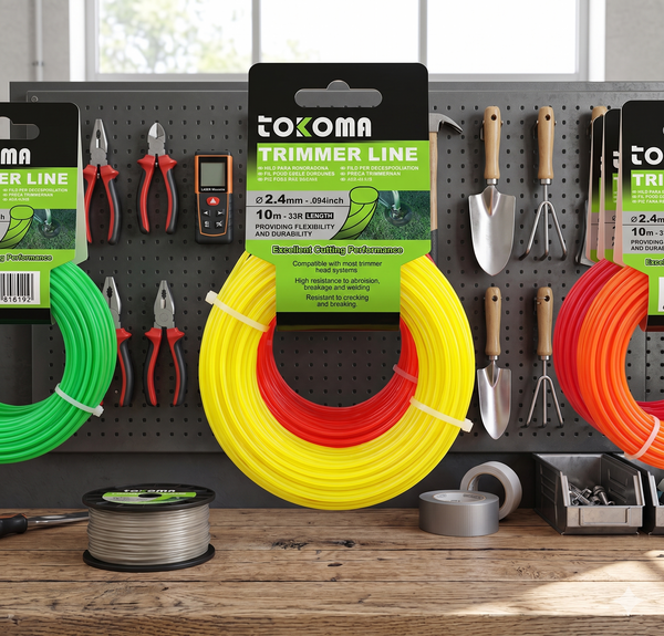 Heavy-Duty Trimmer Line 10m replacement cord in various colors on a workbench for high-performance gardening.