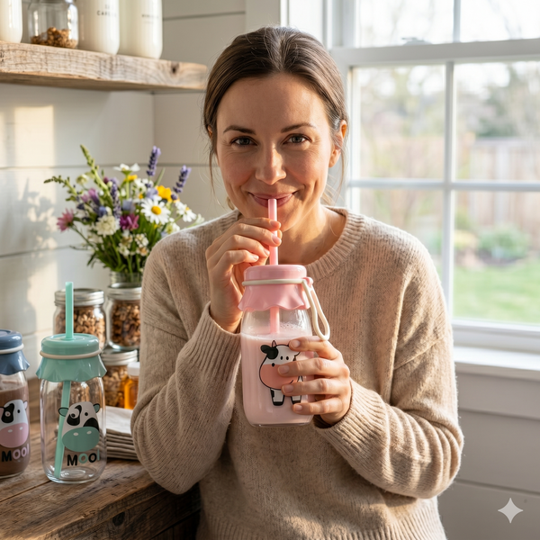 Cute Cow Print Glass Tumbler Set with Straw