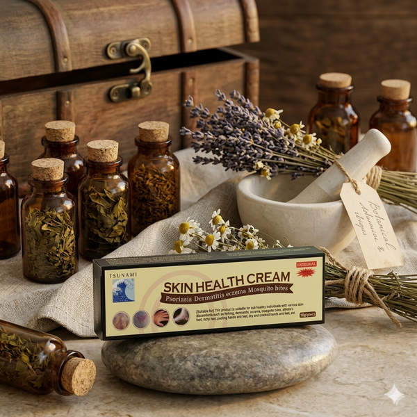 Botanical Extract Skin Health Cream with herbal ingredients for psoriasis and eczema relief, surrounded by essential oils.