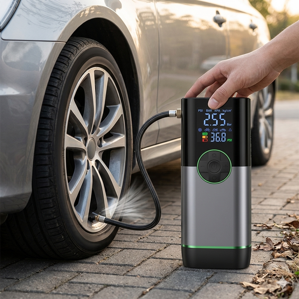 150PSI Dual-Screen Portable Air Compressor inflating a tire with a digital display and pressure reading