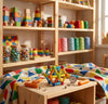 Rainbow Magnetic Construction Sticks & Balls Set displayed on a colorful table with educational toys in the background.