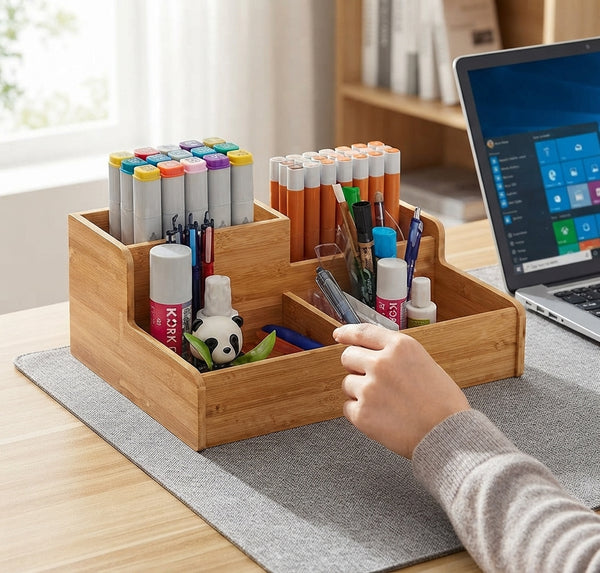 Compact Stationery and Office Caddy with multi-compartments for organized desk supplies like pens and markers.