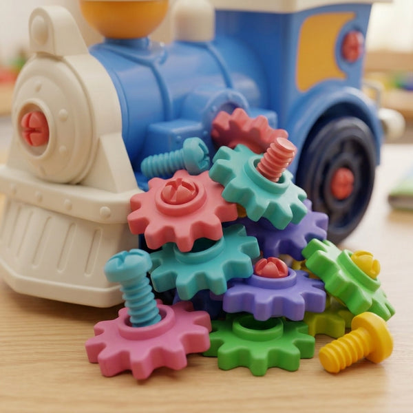 Cogs & Conductor Construction Train Set with colorful gears and screws for children to play.