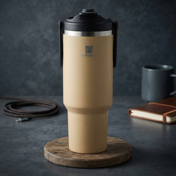 1200ml Insulated Travel Tumbler on a wooden surface, ideal for travel and daily use.