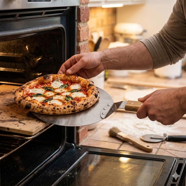 Stainless Steel Round Pizza Peel with Wooden Handle transferring pizza from oven to the table.