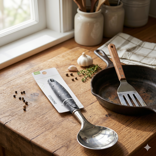 Stainless Steel Speckled Handle Serving Ladle placed on a wooden table amidst garlic, spices, and a cast iron pan.