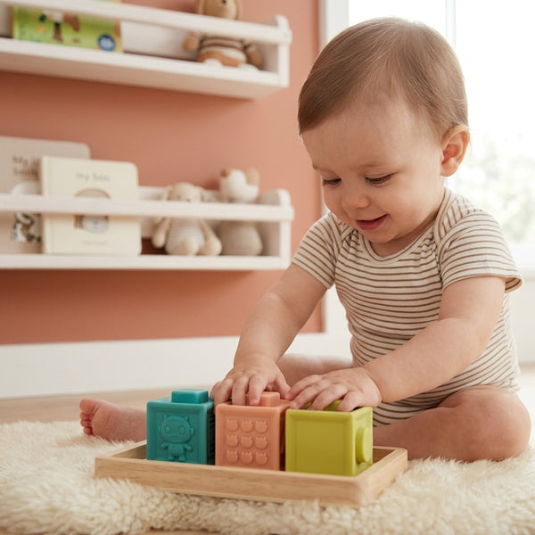 A baby playing with 12-Piece Squeeze & Stack Silicone Baby Building Blocks on a soft rug.