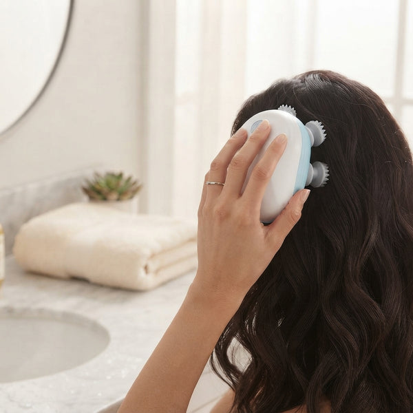 A person using the Electric Scalp Massage Brush with 4 Massage Heads for a relaxing scalp massage at home.