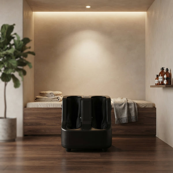 Electric Foot and Calf Massager in a modern spa-like setting with wooden furniture and soothing decor.