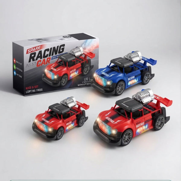 Remote Control Drift Stunt Car with Lights in a set of three colorful toy cars with lighting effects.