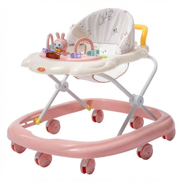Infant Walker with Activity Tray featuring a padded seat, integrated activity area, and multiple wheels for baby support.