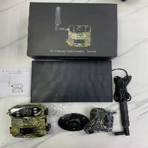 4G Solar-Powered Outdoor Trail Camera with solar panel and accessories for remote area monitoring.