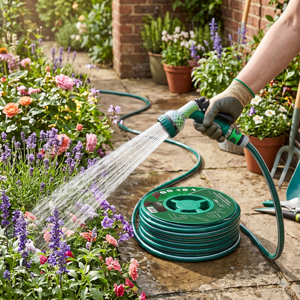 A hand watering flowers with the 25m High Strength PVC Garden Hose Pipe in a lush garden setting.