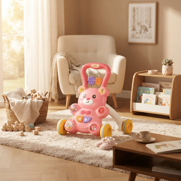2-in-1 Little Bear Baby Walker with Adjustable Design in a cozy living room setting.