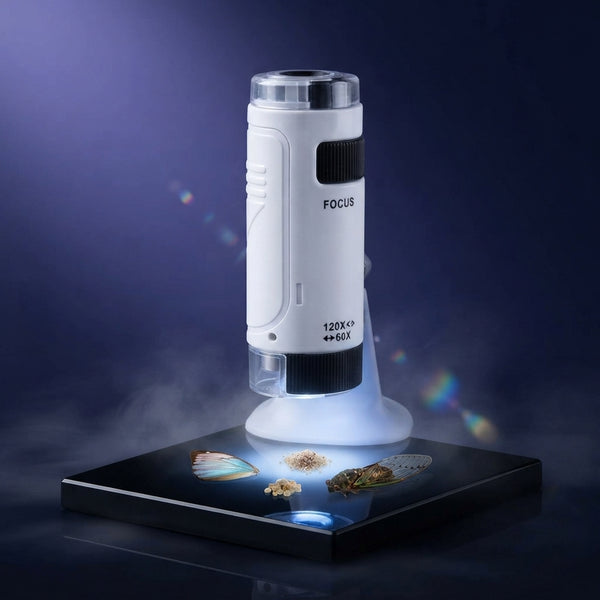 Mini Portable Microscope examining small objects with illuminated base, ideal for observation and exploration.