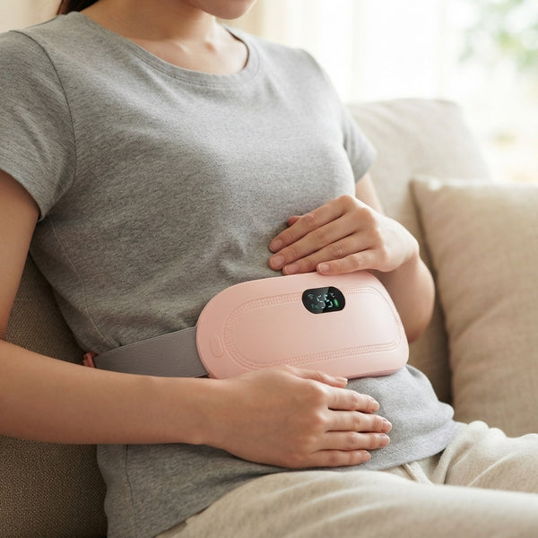 A woman using Rechargeable Heat & Vibration Comfort Belt while relaxing at home.