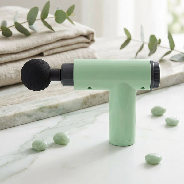 Portable Handheld Massage Gun in green color with rounded attachment, placed on a marble surface, surrounded by smooth stones.