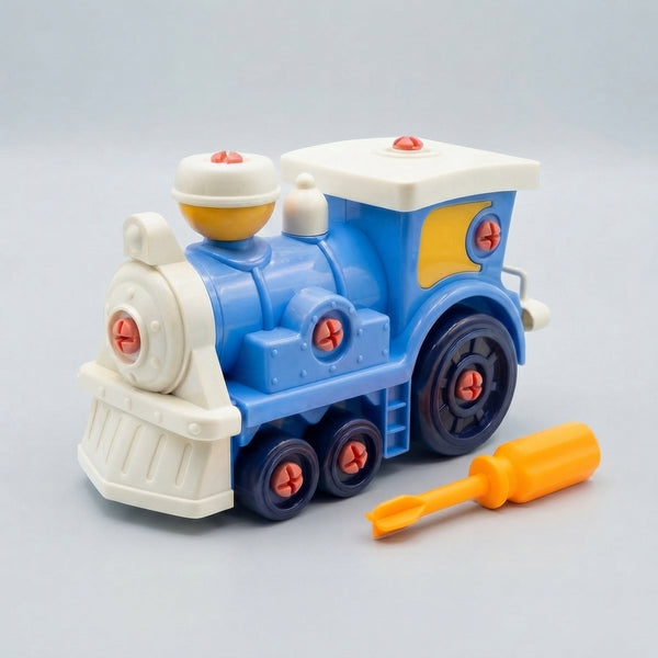 Cogs & Conductor Construction Train Set in blue with orange details and screwdriver, designed for engaging children's play.