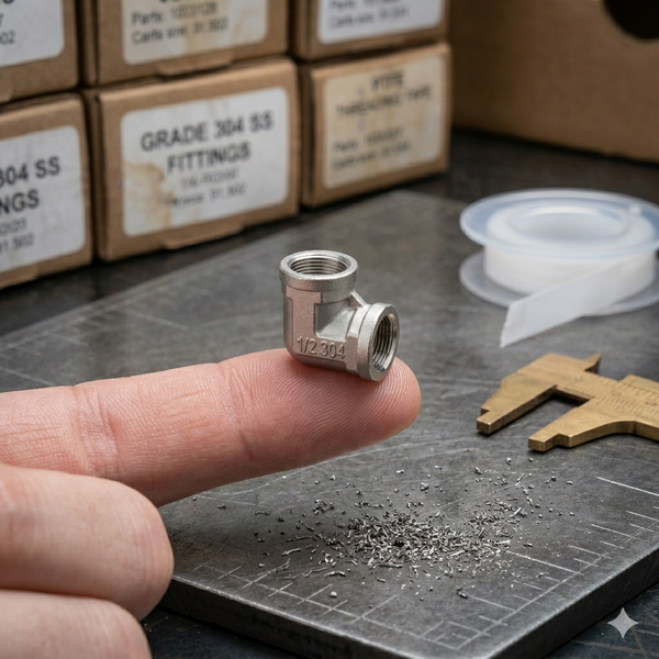 304 Stainless Steel 90 Degree Elbow Pipe Fitting held on a finger, showcasing its precision and quality.
