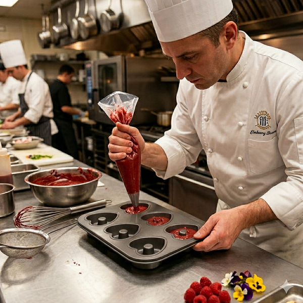 Chef using Non-Stick Heart Shaped 6-Cup Muffin Tray to fill with batter in a professional kitchen.