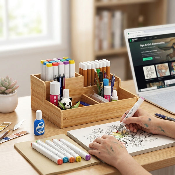 Compact Stationery and Office Caddy with pens, markers, and notebooks on a desk for organized workspace.