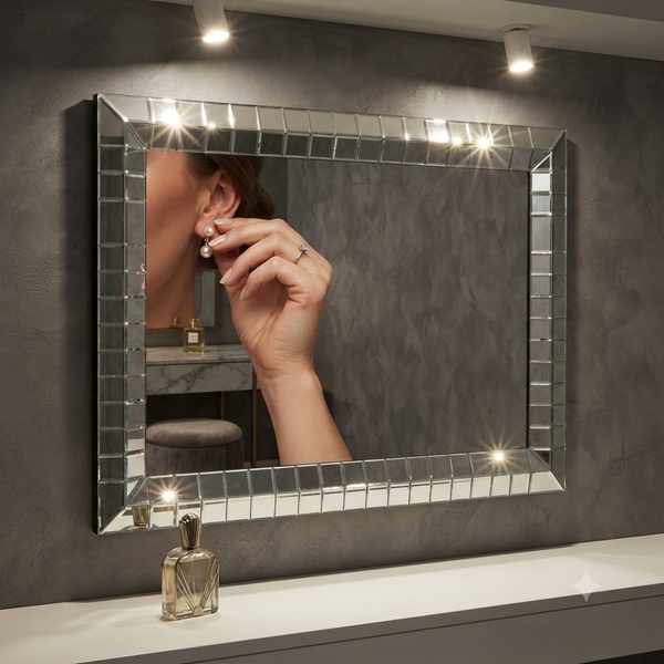 Rectangular Mosaic Wall Mirror with Beveled Glass Frame