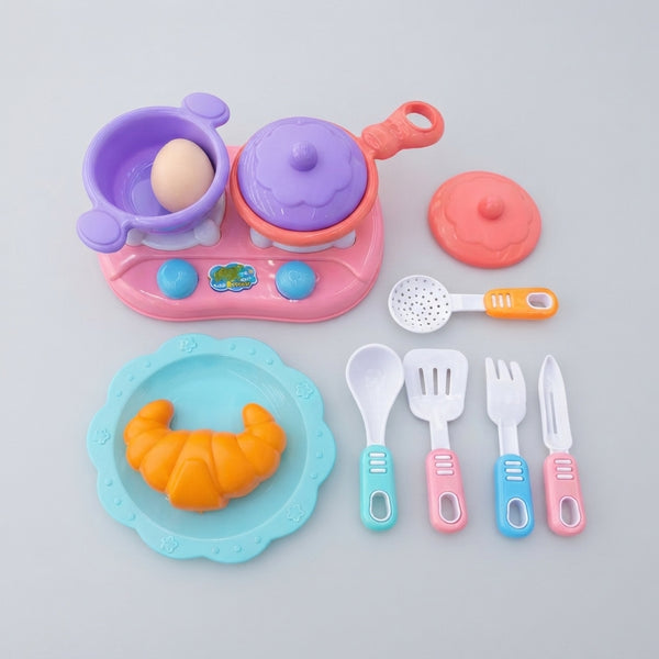 Pretend Play Breakfast Kitchen Set featuring colorful toy cooking utensils and play food items.