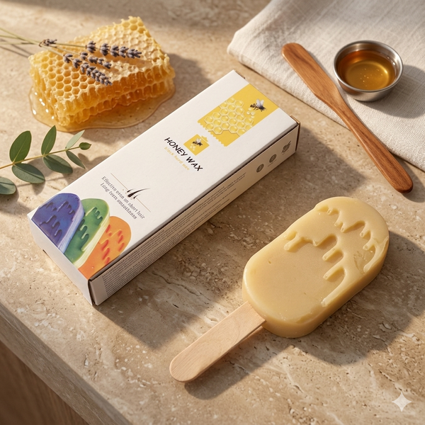 Painless Honey Hard Wax Block with honeycomb and wooden stick on a marble surface.
