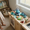Kids Kitchen Helper Toy Cooking Set with colorful kitchen accessories and pretend cooking items.