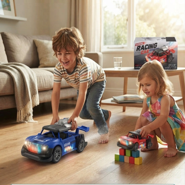 Children playing with Remote Control Drift Stunt Car with Lights, featuring bright lights and fun driving movements.