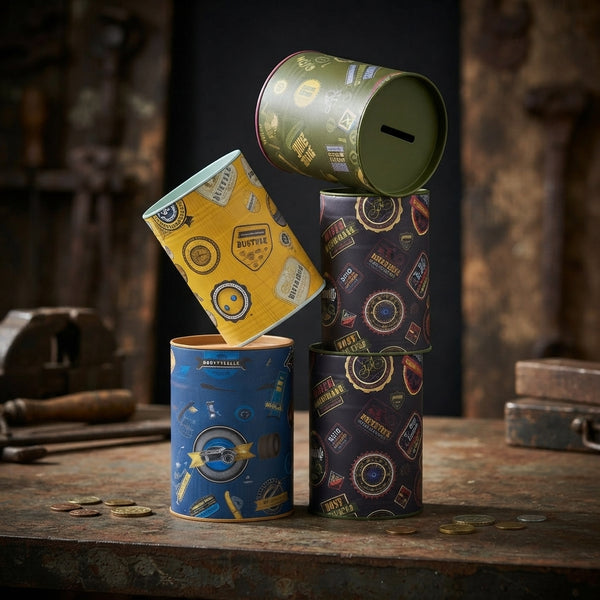 Kiddies Money Bank Tin with Coin Slot stacked in colorful designs on a rustic table with coins.