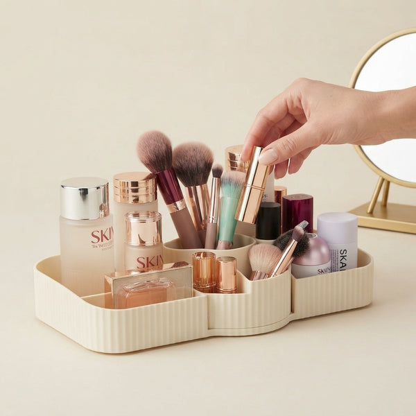 Multi-Compartment Desktop Storage & Organiser Tray with cosmetics and brushes on a desk.