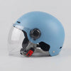Open-Face Helmet with Clear Visor in blue color, featuring a clear visor and secure chin strap.