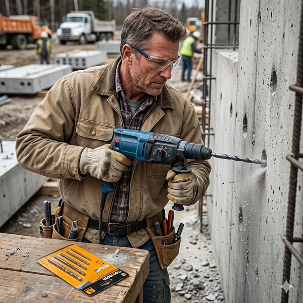 Man using a drill on concrete with a 5-Piece Concrete Drill Bit Set on a table outdoors at a construction site.