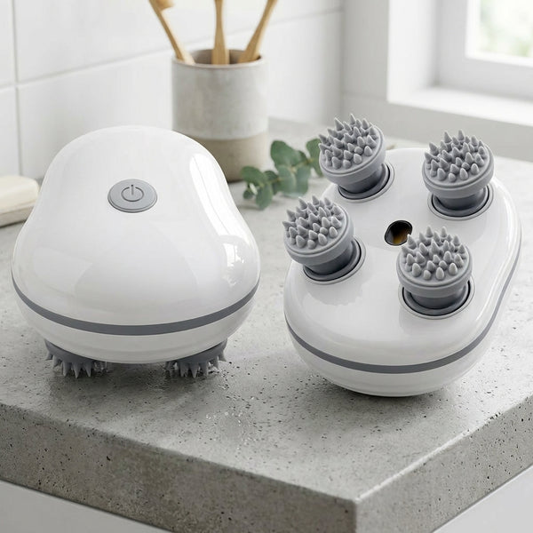4-Head Cordless Electric Massager on a kitchen countertop showcasing its compact design and four massage heads.