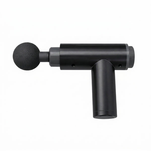 Portable Handheld Massage Gun in sleek black with rounded massage attachment for easy use.