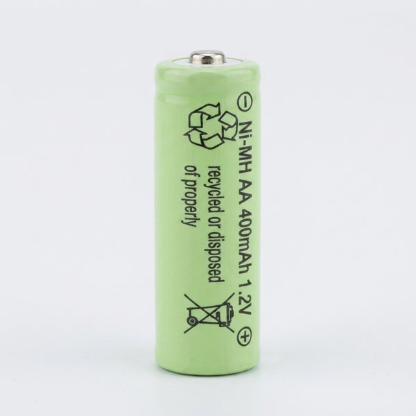 AA Rechargeable Ni-MH Battery 1.2V 400mAh green battery with recycling symbols.