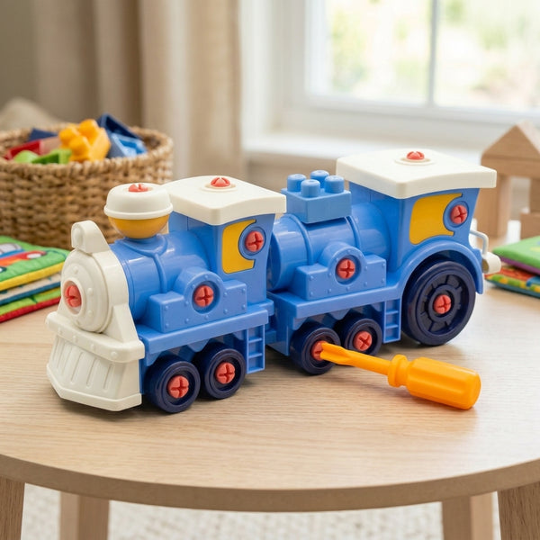 Cogs & Conductor Construction Train Set featuring a blue toy train with a screwdriver on a table.