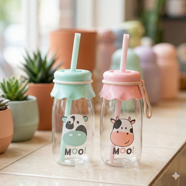 Cute Cow Print Glass Tumbler Set with Straw