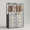Double Row Clothes Storage Rack with Doors featuring organized hanging clothes and storage compartments.