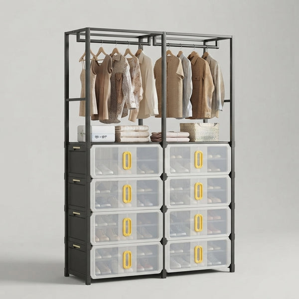 Double Row Clothes Storage Rack with Doors featuring organized hanging clothes and storage compartments.