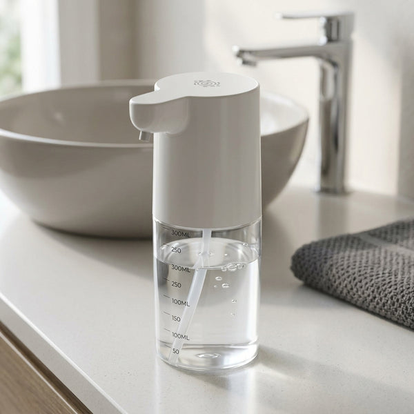 300ml Liquid Soap & Lotion Dispenser on a countertop next to a sink and bowl, displaying clear design and measurement markings.