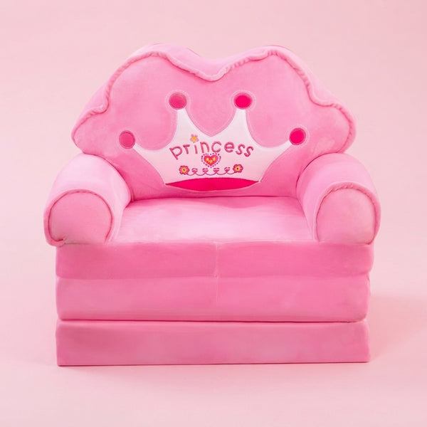Childrens Animal Sofa Chair in pink color designed with a princess crown for kids' playrooms and bedrooms.