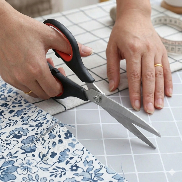 11-inch Stainless Steel Clothing Scissors cutting fabric on a sewing table.
