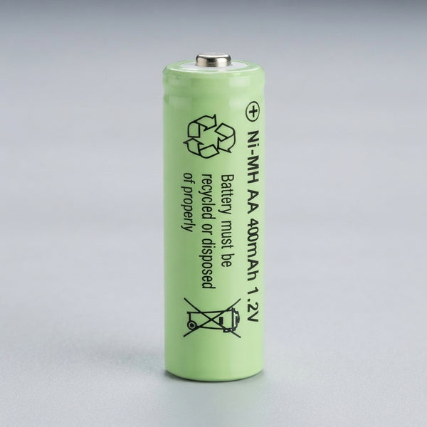 AA Rechargeable Ni-MH Battery 1.2V 400mAh with recycling instructions printed on the side.