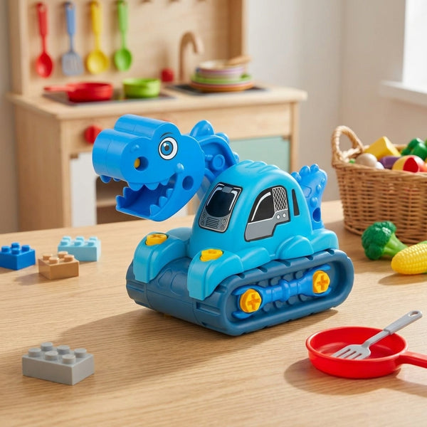 Dino Vehicle Construction Toy in bright blue on a play table with colorful toys around it, perfect for imaginative play.